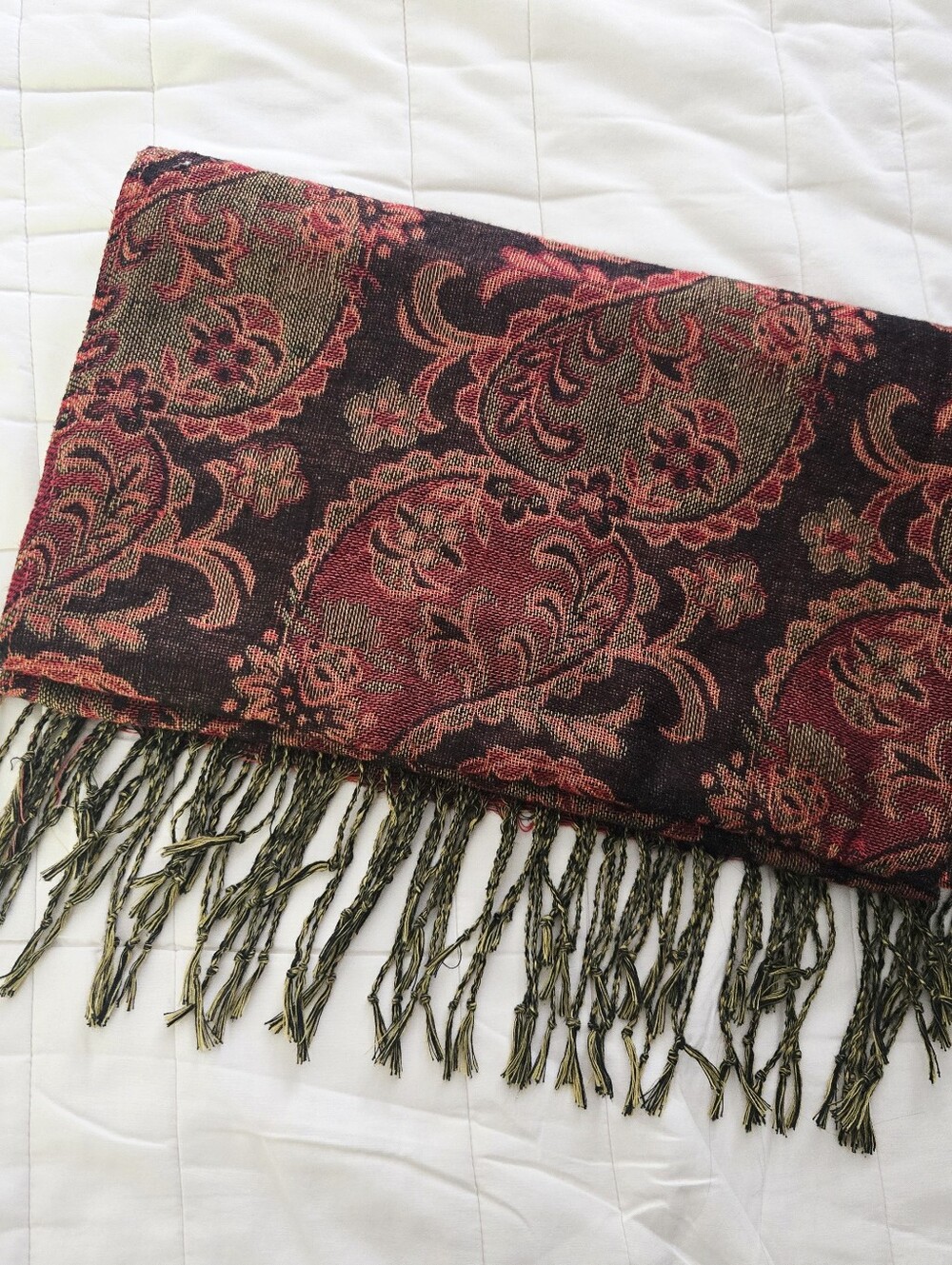Vintage Bohemian Rich Red, Orange, Rustic Earthy Boho Paisley Pashmina Scarf - Picture 2 of 5